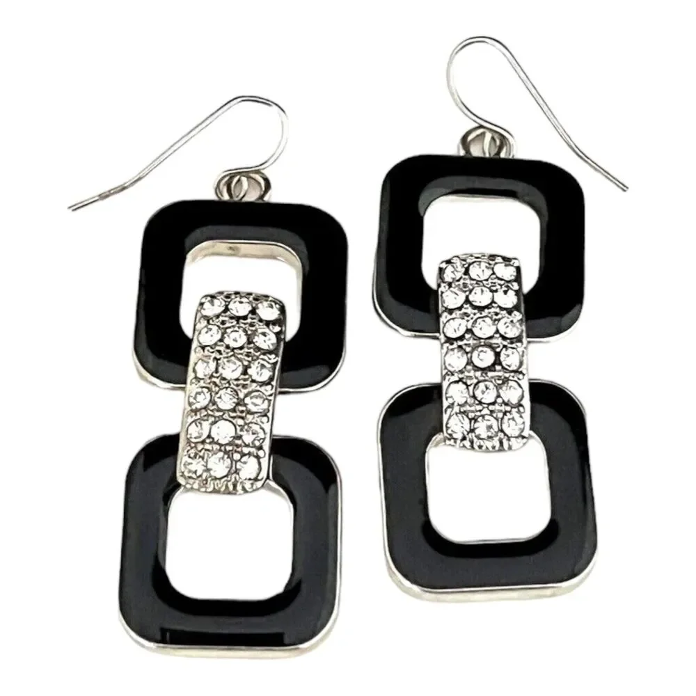 Vintage 1980s Black Enamel Crystal Earrings Dangle Silver Tone - 1H